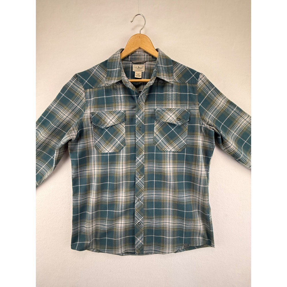 LL Bean‎ Plaid Flannel Shirt Mens Medium Regular Teal Wool Blend Elbow Patches